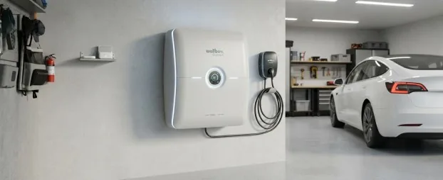 Stromspeicher und Wallbox an einer Garagenwand