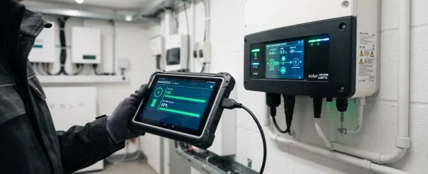 Techniker prüft einen Wechselrichter mit einem Tablet